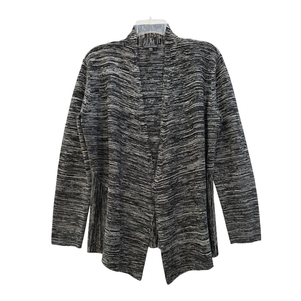 Eileen Fisher Womens Space Dye Open Front Peplum Back Cardigan Black White M